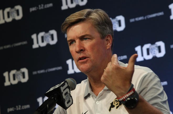 Colorado Head Football Coach Mike MacIntyre at Pac-12 Media Days in Los Angeles. (Chris Pietsch/The Register-Guard)