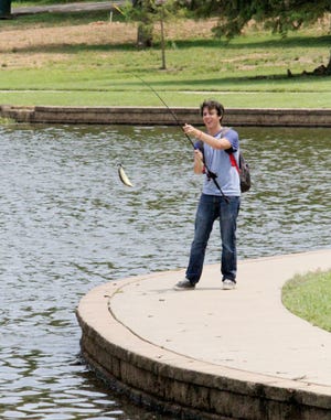 Jamie Mitchell • Times Record 
Travis Krolick lands a small mouth bass, Thursday, July 30, 2015, while fishing at Carol Ann Cross Park. From Dallas, Krolick is a sophomore computer major at the University of Arkansas at Fort Smith and was testing the waters around the school.