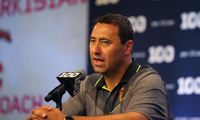 USC coach Steve Sarkisian makes an offhand joke about the Trojans only having one uniform at Pac-12 Media Days in Burbank, Calif. (Chris Pietsch/The Register-Guard)