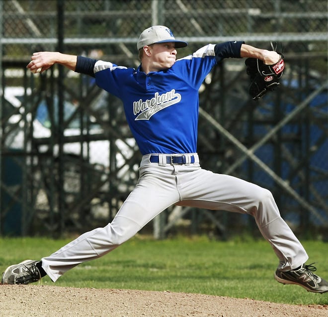 Ian Searles, shown here pitching for Wareham in his high school days, is a reliever who hopes to start next season at Southern New Hampshire University. He spent his summer pitching primarily out of the bullpen for the Sanford Mainers. MIKE VALERI/THE STANDARD-TIMES