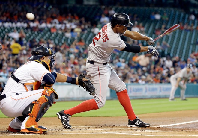 Red Sox shortstop Xander Bogaerts, shown here fouling off a pitch in a game against the Houston Astros, is still waiting to flick the power switch on with no home runs in his last 166 at bats. PAT SULLIVAN/THE ASSOCIATED PRESS