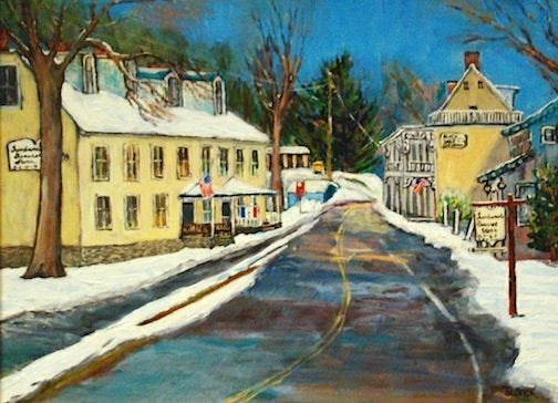 Street scene painted in primitive style by Gale Scotch, on view in the endoscopy suite waiting room at The Pavilion medical office building next to Doylestown Hospital.