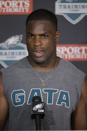 Philadelphia Eagles' DeMarco Murray speaks with members of the media after practice at NFL football training camp, Monday, Aug. 3, 2015, in Philadelphia. (AP Photo/Matt Rourke)