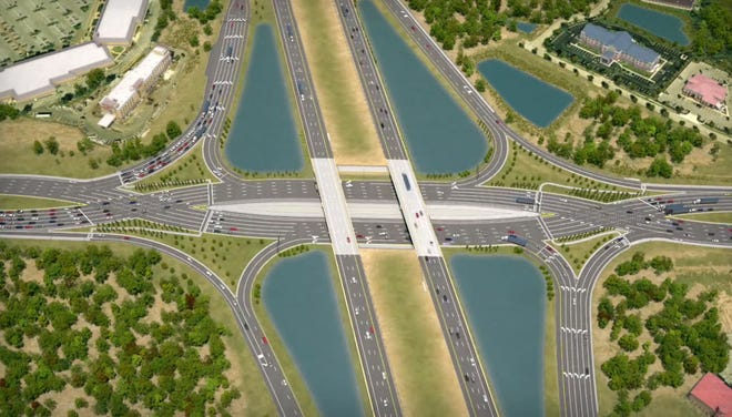 Images from Florida Department of Transportation video show a computer rendering of the "Diverging Diamond" interchange proposed at University Parkway and Interstate 75 on the border of Sarasota and Manatee counties. (Provided by Florida Department of Transportation)