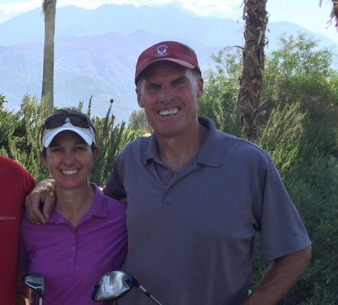 Former Yreka High and College of the Siskiyous hoops standout Susan Crebbin, left, poses with COS women's head coach Tom Powers while golfing in Palm Springs Calif., recently. On Thursday, Crebbin was named the new women's head coach at Cal State San Bernardino after a successful 10-year stint at San Bernardino Valley College.
                                                                                                               Submitted Photo