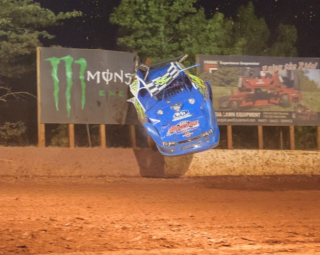 Clint Smith takes off on a wild ride at his home track, Senoia (Georgia) Raceway during Saturday night's hot laps for Late Models. The former Dunn-Benson Ford driver was unhurt.