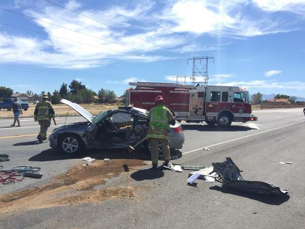 Authorities respond to a two-vehicle traffic collision at the intersection of Ranchero Road and Seventh Avenue in Hesperia on August 1. The crash left one man dead and roads near the area were closed for hours as officials investigated the incident. Photo courtesy of San Bernardino County Fire Department.