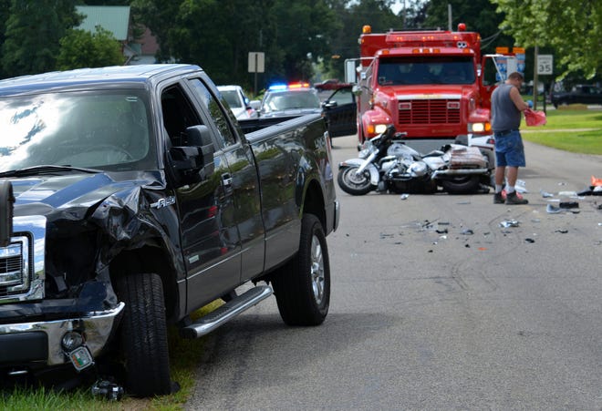 A motorcycle rider lost his leg in a nearly head-on crash with this Ford F-150 pick up Monday afternoon on Copeland Road near Kinderhook. Don Reid photo