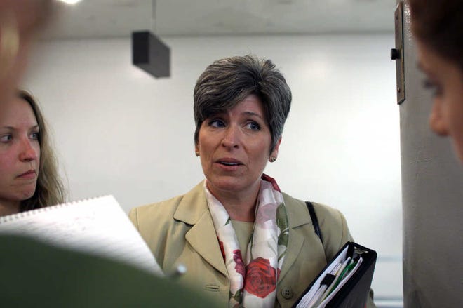 Sen. Joni Ernst, R-Iowa, speaks to reporters about Planned Parenthood on Monday, Aug. 3, 2015 on Capitol Hill in Washington. The Senate blocked a Republican drive Monday to terminate federal funds for Planned Parenthood, setting the stage for the GOP to try again this fall amid higher stakes (AP Photo/Lauren Victoria Burke)