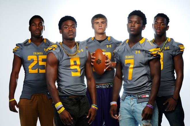 Columbia High football players (left to right): Laqavious Paul, Roger Cray, Davin Schuck, Michael Jackson and LaTrell Williams.