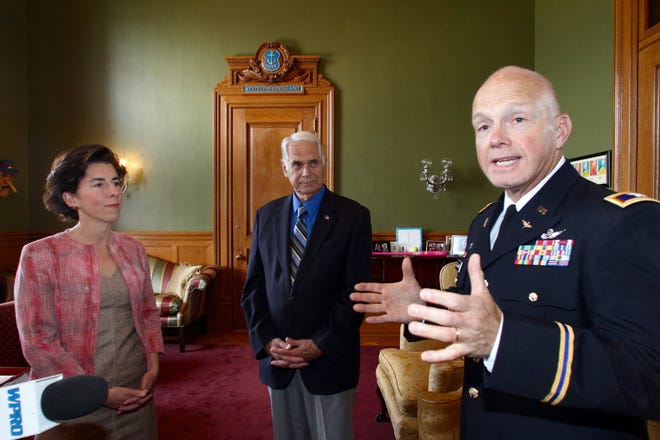 Governor Raimondo introduces Christopher P. Callahan last month as the next adjutant general of Rhode Island and National Guard commander. With them is Ret. Lt. Gen. Reginald Centracchio who chaired the search committee.