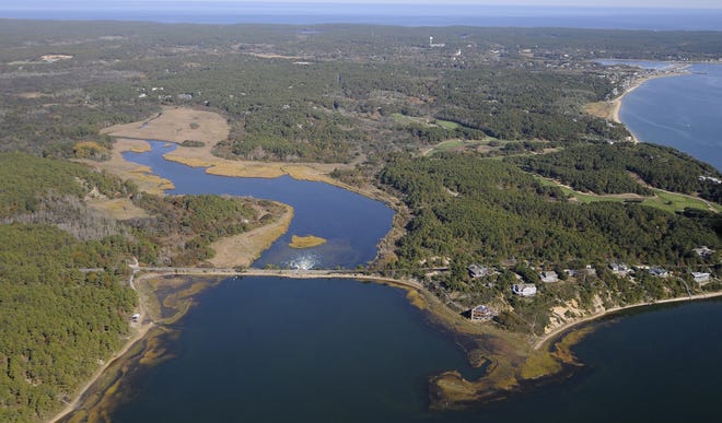 Water flows through the dike under Chequessett Neck Road. State officials on Tuesday announced a $1 million grant for the Herring River restoration project, which will include rebuilding the bridge to increase water flow to the salt marsh behind it. Merrily Cassidy/Cape Cod Times file