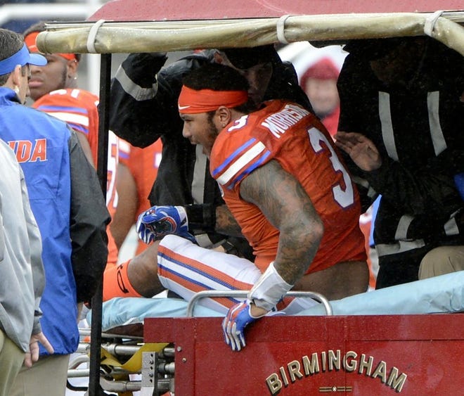 Florida linebacker Antonio Morrison sits on a medical cart after being injured on Jan. 3 in the second quarter of the Birmingham Bowl against East Carolina.
