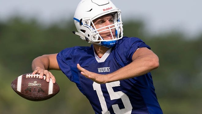 Wellington High School quarterback Blake Dever at football practice on August 3, 2015. (Allen Eyestone / The Palm Beach Post)