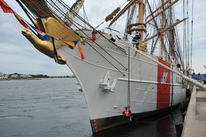 The Coast Guard Barque Eagle made a visit to the Massachusetts Maritime Academy in Buzzards Bay last summer for the Cape Cod Canal Centennial. The ship will welcome visitors in Newport this weekend.

STEVE HEASLIP/CAPE COD TIMES FILE
