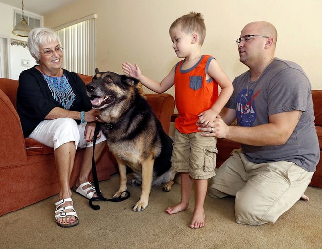 Joyce Colin, volunteer with Florida Hospital in the Celebration Pet Therapy Department, Luke, a 6 year old male German Shepherd that is a rescue and now a therapy dog, Dominic Cleffi, 4, and Kevin Cleffi at the Cleffi home near Davenport. Four-year-old Dominic is autistic and can't communicate with words. He was introduced to Luke at his speech therapy lessons.