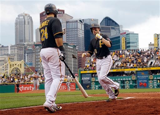 Pittsburgh Pirates' Neil Walker, right is greeted on deck by batter Pedro Alvarez after hitting a solo home run in the third inning of a baseball game against the Los Angeles Dodgers, Saturday, Aug. 8, 2015, in Pittsburgh. (AP Photo/Keith Srakocic)