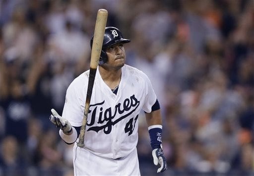 Tigers designated hitter Victor Martinez watches the path of his two-run home run to right field during the seventh inning of Saturday's game. AP Photo/Carlos Osorio