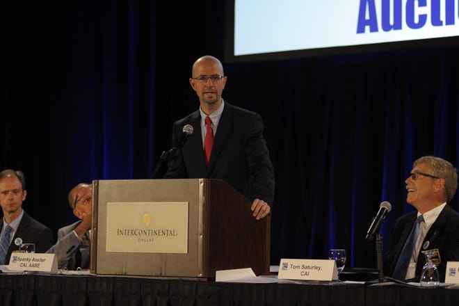 Matt Corso gives a speech prior to the election of directors during the National Auctioneers Association’s 66th International Auctioneers Conference and Show July 14-18 in Addison, Texas. Corso was elected to a three-year term on the board of directors. PHOTO COURTESY MATT CORSO