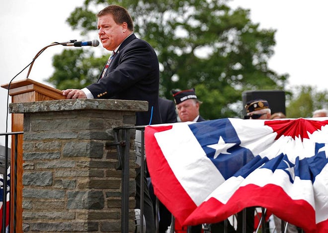 Quincy Mayor Thomas Koch gives his address during the city's Memorial Day ceremony this past May.