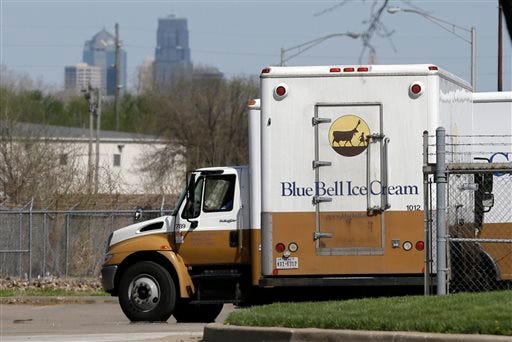 Blue Bell delivery trucks are parked at the creamery's location in Kansas City, Kansas, on April 10.