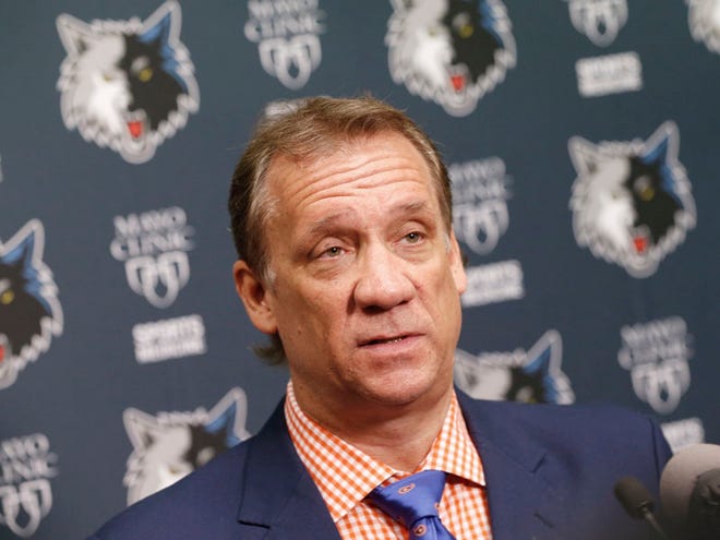 This is a June 25, 2015, file photo showing Minnesota Timberwolves president and coach Flip Saunders addressing the media during an NBA basketball news conference in Minneapolis. Saunders says he is being treated for cancer. Saunders announced Tuesday, Aug. 11, 2015, that he has been undergoing chemotherapy treatments for Hodgkin's lymphoma. He says his doctors are calling it "very treatable and curable."