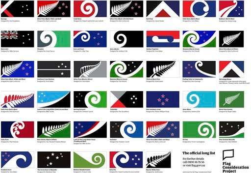This Aug. 11, 2015, image released by the New Zealand Flag Consideration Project shows 40 designs being considered as the new flag for New Zealand in Wellington, New Zealand. New Zealand is considering changing its flag. The public was encouraged to come up with ideas, and submitted over 10,000 designs. A government-appointed panel has winnowed those down to 40 finalists. (New Zealand Flag Consideration Project via AP)