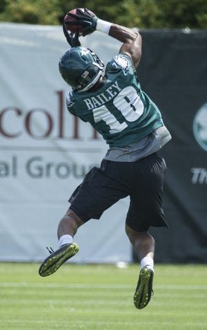 Philadelphia Eagles wide receiver and Delaware Valley University graduate Rasheed Bailey (18) is stating his case to make the team, calling each day of camp, "a stepping stone." (AP Photo/Chris Szagola)