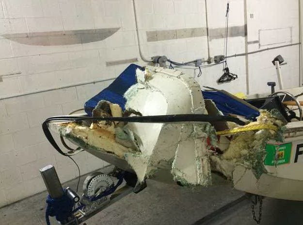 Shown is the damaged front of a 13-foot boat that six teenagers were riding before they struck a bridge on the Middle River in Wilton Manors on Thursday. One teenager is dead and five were injured.