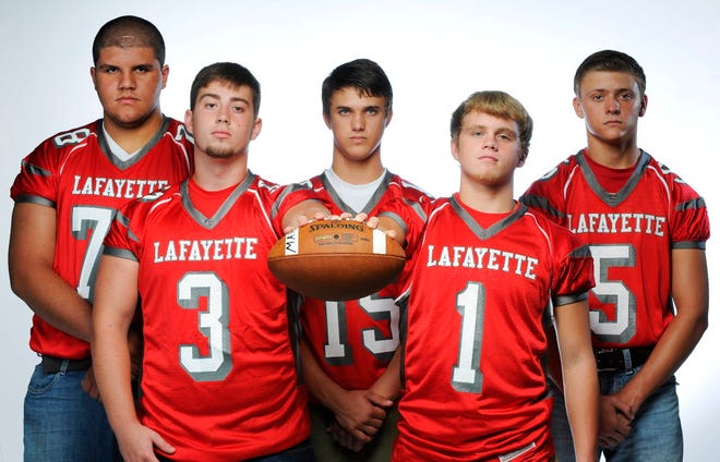 Lafayette Hornets football players (from left): Julio Castillo, Hunter Gentry, Bryson Bracewell, Wyatt Moore and Kayne Hurst.