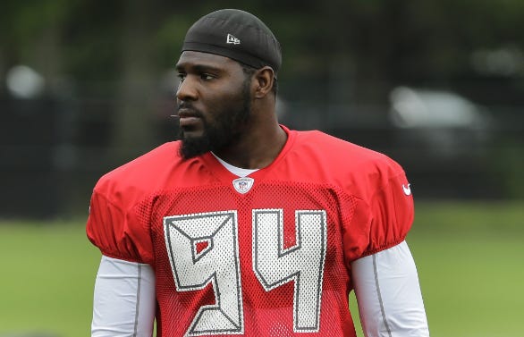 Tampa Bay Buccaneers defensive end George Johnson during a Buccaneers NFL football training camp Aug. 2 in Tampa. (AP Photo/Chris O'Meara)