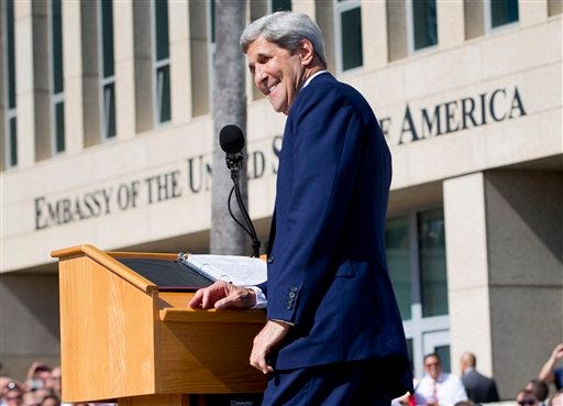 Secretary of State John Kerry smiles while delivering his remarks during the flag raising ceremonies at the newly reopened embassy in Havana, Cuba, Friday. Kerry traveled to the Cuban capital to raise the U.S. flag and formally reopen the long-closed U.S. Embassy. Cuba and U.S. officially restored diplomatic relations July 20, as part of efforts to normalize ties between the former Cold War foes.