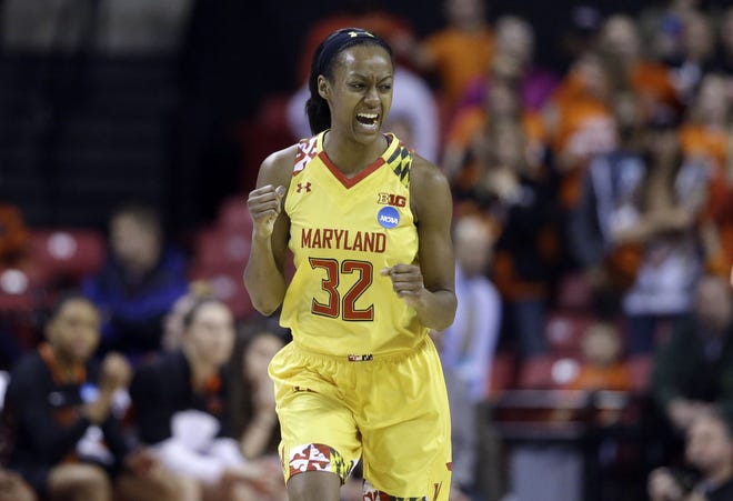 Maryland guard Shatori Walker-Kimbrough reacts after scoring in the first half of an NCAA tournament game against Princeton in the second round of the NCAA tournament on March 23, 2015, in College Park, Md.