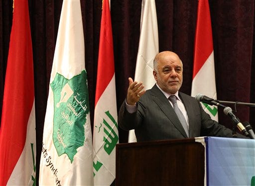 FILE - In this Saturday, June 27, 2015 file photo, Iraqi Prime Minister Haider al-Abadi announces the arrest of Abdel Baqi al-Sadun, a senior official in the disbanded Baath Party, during a press conference in Baghdad, Iraq. Iraq's cabinet approved a wide-ranging reform plan on Sunday that would abolish the three vice presidential posts as well as the office of deputy prime minister in order to slash spending and improve the government's performance in the face of mass protests.