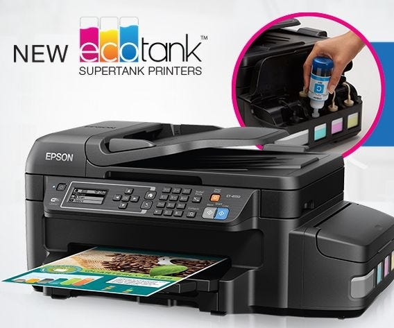 The new Epson Ecotank Printer, the ET2550, has a tank of ink you refill yourself every two years or so. This feature has also been available for more than a decade for Epson inkjets, Hewlett Packard and Canon printers.