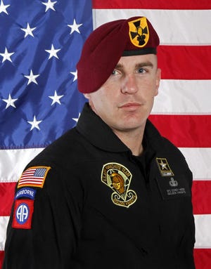 Sgt. 1st Class Corey Hood. a parachutist with the Army Golden Knights, died Sunday after suffering severe injuries from an accident during a stunt on Saturday at the Chicago Air & Water Show, the Cook County medical examiner's office said. (U.S Army via AP)