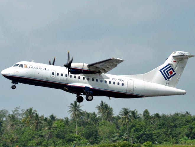 In this photo taken Dec. 26, 2010, Trigana Air Service's ATR42-300 twin turboprop plane takes off at Supadio airport in Pontianak, West Kalimantan, Indonesia.