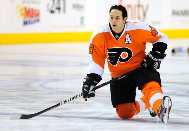 Philadelphia Flyers center, Danny Briere stretches during warm-ups before a 2012 game against the Florida Panthers at the Wells Fargo Center in Philadelphia. File photo.