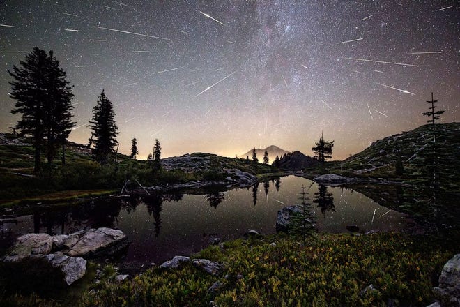 Brad Goldpaint said he created this composite image "of all the meteors captured on August 13, 2015, during the Perseid Meteor Shower from Heart Lake in Mount Shasta. All of the meteors were captured from 12:30 am to 4:30 am, and the composite contains roughly 65 meteors."