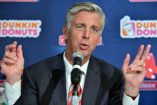 CORRECTS TITLE TO PRESIDENT OF BASEBALL OPERATIONS, NOT PRESIDENT - Dave Dombrowski, the Boston Red Sox new president of baseball operations, speaks to reporters after being introduced at a baseball news conference Wednesday, Aug. 19, 2015, at Fenway Park in Boston. (AP Photo/Josh Reynolds)