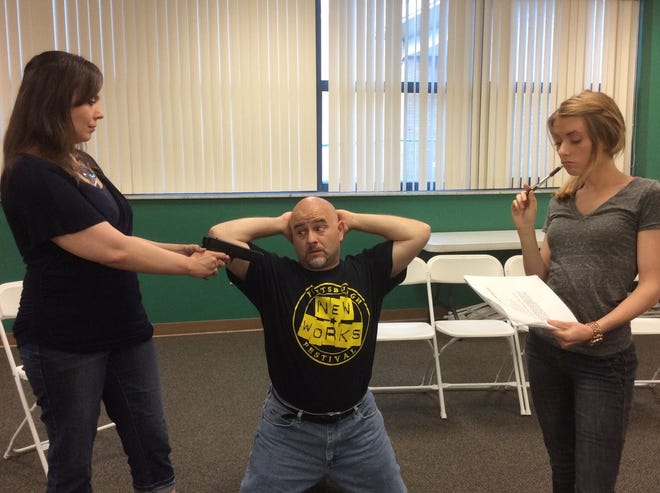 Jennifer Luta of Pittsburgh, Dave Joseph of Monaca and Ruthy Stapleton of Beaver Falls rehearse a scene from "Green-Eyed Monster" by Michael Wolfson, one of the one-act plays chosen from worldwide submissions to be staged by the Pittsburgh New Works Festival.
