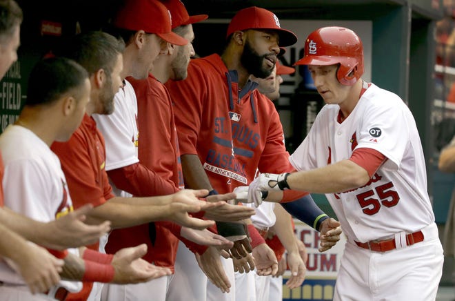 The St. Louis Cardinals' Stephen Piscotty, right, has hit .333 since making his major league debut on July 21. JEFF ROBERSON/THE ASSOCIATED PRESS