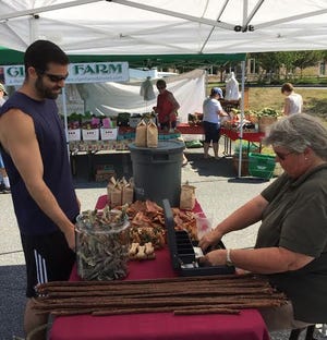 Ross Solomon buys dog treats from Mary Ellen Fletcher at Michael Moran's Natural Dog Food booth at the Swampscott Farmers Market. Wicked Local Photo/ Sarah Phelan