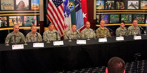 Fielding questions during a news conference Thursday, Aug. 20, at Fort Benning, Georgia, are, from left, 2nd Lt. Erickson D. Krogh, 2nd Lt. Anthony Rombold, 2nd Lt. Michael V. Janowski, 1st Lt. Shaye L. Haver, Staff Sgt. Michael C. Calderon, Spec. Christopher J. Carvalho, Capt. Kristen M. Griest and 2nd Lt. Zachary Hagner. Griest and Haver are the first two women to complete the notoriously grueling Ranger course, which the Army opened to women this spring as it studies whether to open more combat jobs to female soldiers.