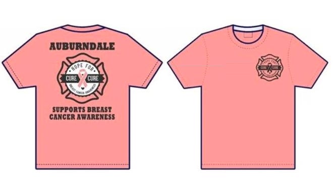An image of T-shirts being sold by Auburndale Fire Department to raise awareness for breast cancer.