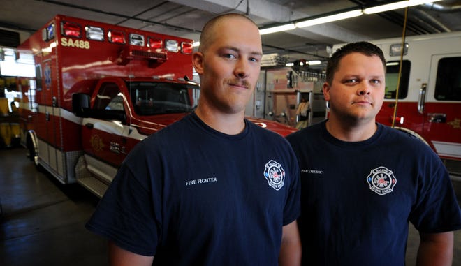 Salina Fire Department’s Allen Grant (left), engineer/EMT, and Joshua Rogers, firefighter/paramedic, worked together to implement the pit crew procedures for cardiac arrest patients. The results of using the pit crew method have been positive. “It made so much sense, it was pretty hard to argue why we shouldn’t do it,” Rogers said.