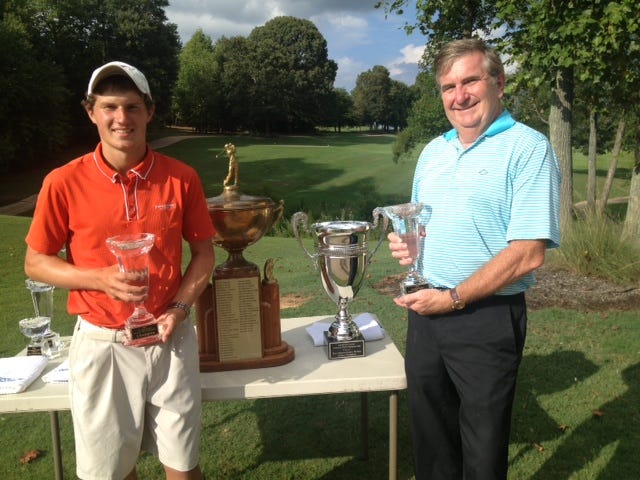 Akron University player Elliott Grayson, left, captured a one-shot victory Sunday at Deer Brook in the 53rd annual Cleveland County Amateur Golf Championship Tournament. Trip Boinest, right, claimed honors in the Seniors Division to win the Lefty Blanton/Stan Sherman Memorial award.