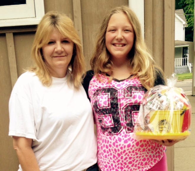 Vicki and Hannah Schwemer were the winners of Beginnings Care For Life Center's fair booth prize. They won a bucket of goodies, including four admission tickets to the Capri Drive In. Courtesy photo