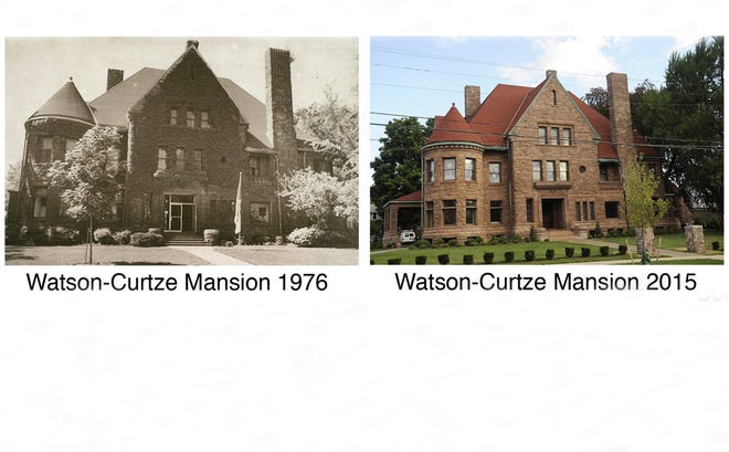 This photo composite shows the Watson-Curtze Mansion photographed in 1876 and 2015.