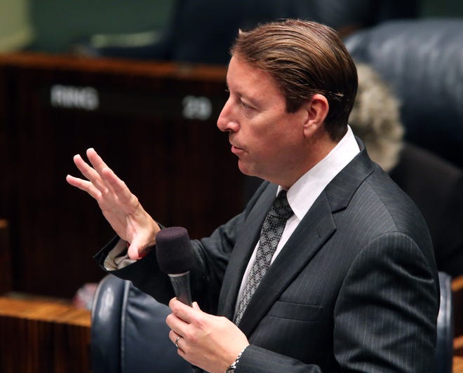 Sen. Bill Galvano, R-Bradenton answers questions about how redistricting will be handled during the special session, Monday, Aug. 10, 2015, in Tallahassee, Fla. (AP Photo/Steve Cannon)